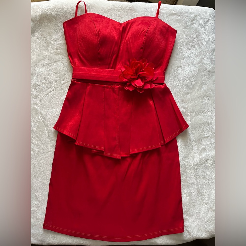 Strapless Red Peplum Midi Dress with Floral Belt